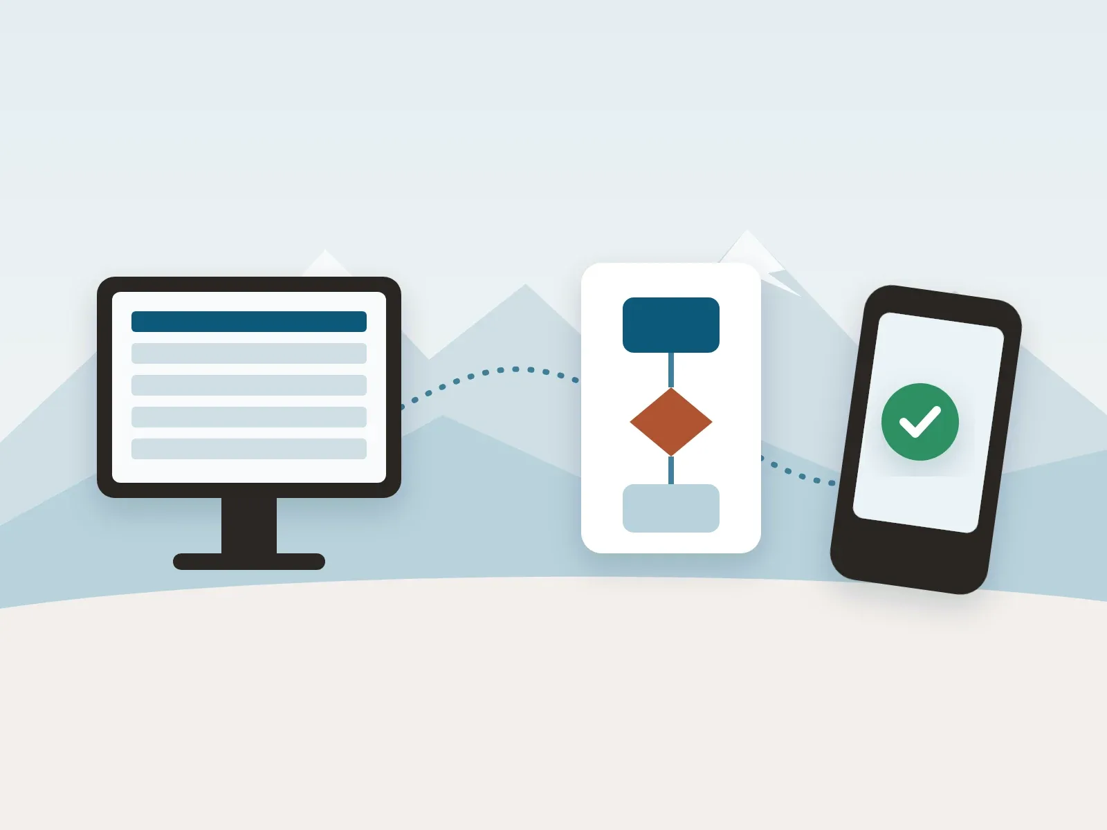 Drei verbundene Bausteine: ein Bildschirm für das ERP, ein Ablaufsymbol für den Workflow und ein Handgerät für die Business-App.